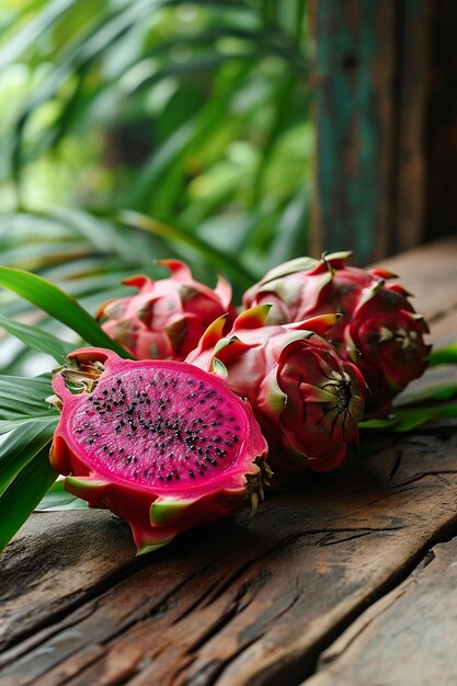 Foto fruta de dragón en fondo de madera