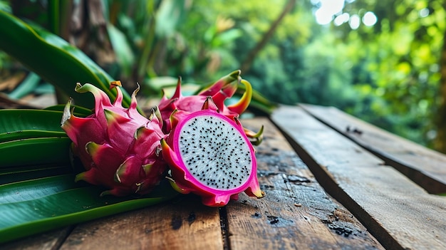 Foto fruta de dragón en fondo de madera