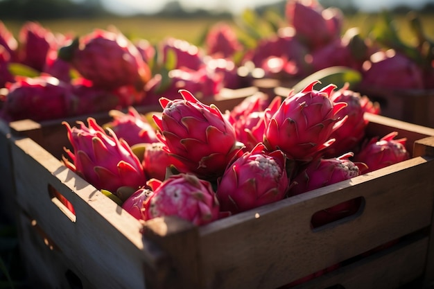 Fruta del dragón fresca en la granja naranjas realistas Foto generada por IA