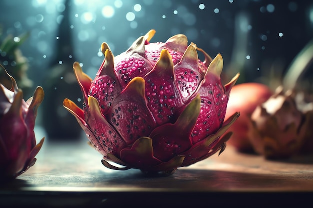 Una fruta de dragón en una mesa con gotas de lluvia en el fondo