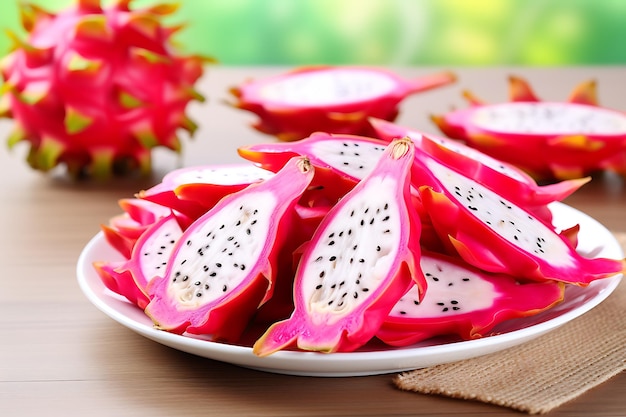 Foto fruta del dragón roja en rodajas o pitaya en un plato listo para comer