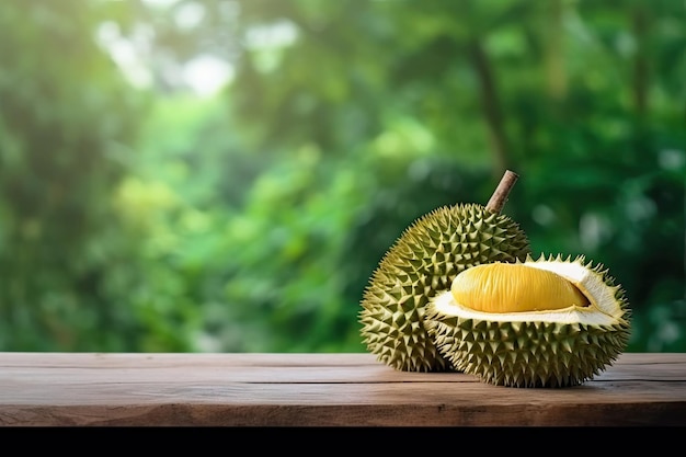 Fruta durian em uma mesa de madeira com fundo verde