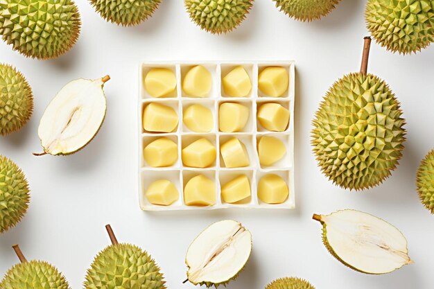 Foto fruta de durian con rebanadas dispuestas en un patrón de cuadrícula en blanco fotografía de frutas de durian