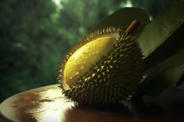 Una fruta durián sobre una mesa de fondo verde