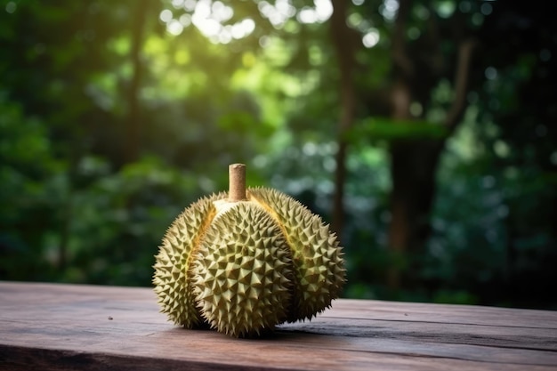 Fruta durián sobre una mesa de madera en un bosque