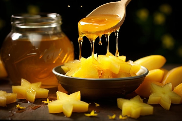 Fruta de estrellas con una cuchara de miel rociada sobre ella Fotografía de imágenes de fruta de estrellas