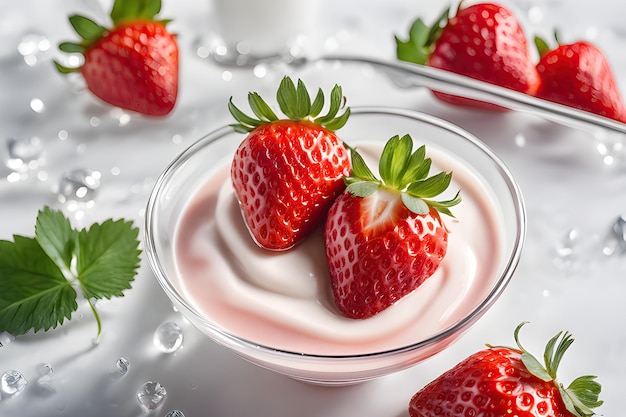 Fruta de fresa flotando en yogur de leche papel tapiz de fresa