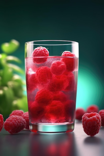 Fruta de fresa y vaso de jugo sobre fondo de madera marrón