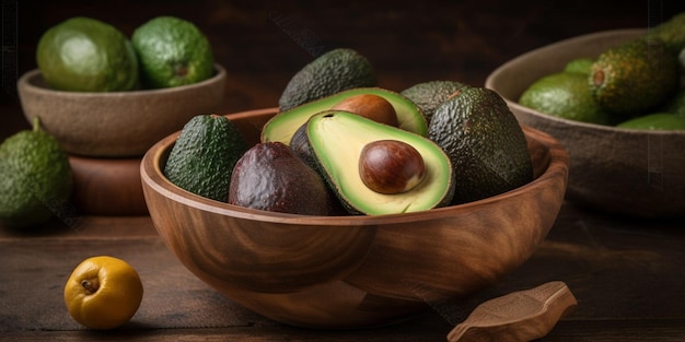 Fruta fresca de aguacate de pie en un tazón redondo de madera