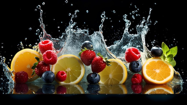 fruta fresca y bayas cayendo al agua