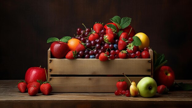 Fruta fresca en una caja de madera colocada sobre la mesa sobre fondo negro