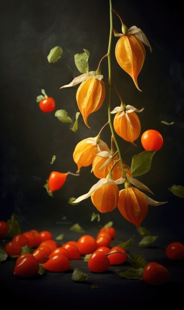 Fruta fresca de cereza molida Physalis volando en el restaurante de fondo del estudio y fondo del jardín