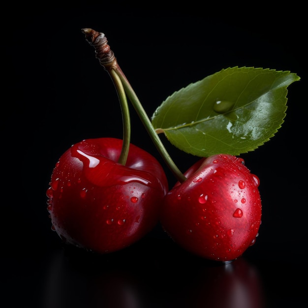 Fruta fresca de cereja de acerola orgânica Ilustração quadrada fotorrealista Dieta vegetariana saudável Ai Gerada ilustração brilhante em fundo escuro Fruta de cereja suculenta de acerola