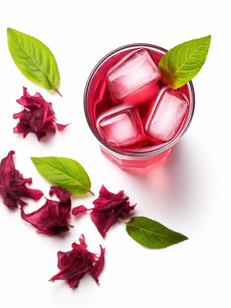 Foto fruta fresca de roselle jamaica sorrel rozelle ou hibiscus sabdariffa e um copo de suco de roselle chá gelado