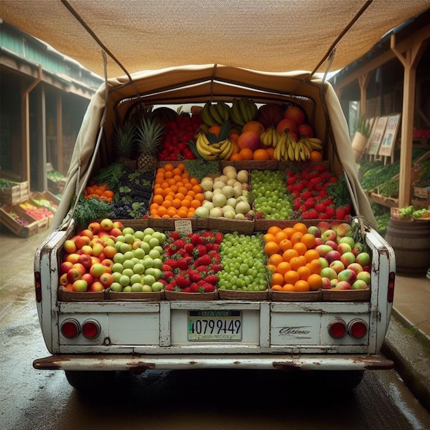 La fruta fresca está ordenadamente dispuesta en un coltbak abierto