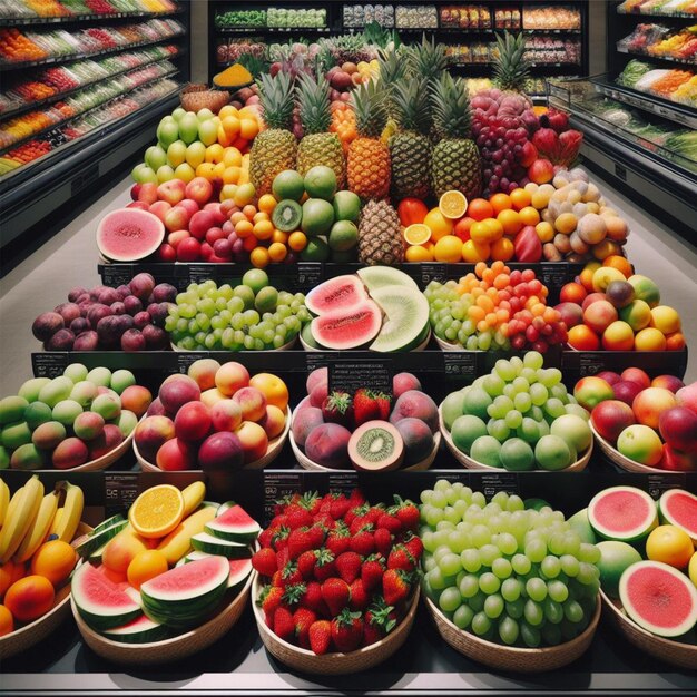 La fruta fresca está ordenadamente dispuesta en la vitrina del supermercado