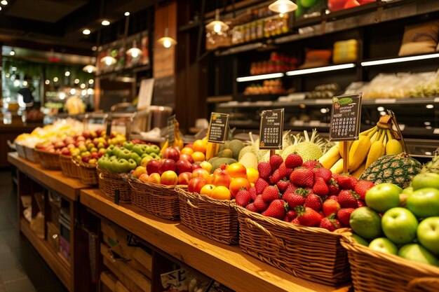 Fruta fresca en el fondo de estilo bokeh del supermercado