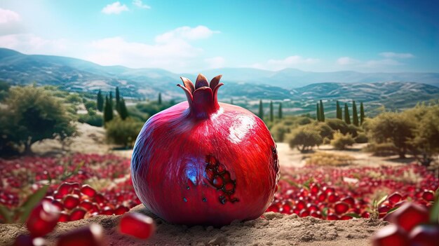 Foto fruta fresca de granada en el fondo del paisaje arte generativo de ia