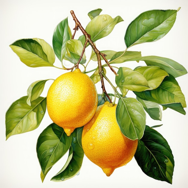 Fruta fresca de limón acuarela con hojas de gotas de agua y tallo centrado en fondo blanco
