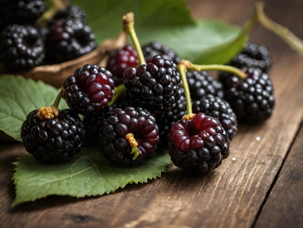 Fruta fresca madura de morera negra con hojas sobre un fondo de madera rústica