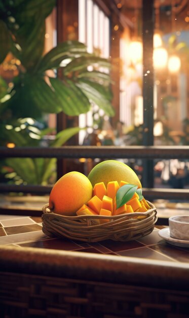 Fruta fresca de mango volando en el restaurante de fondo de estudio y fondo de jardín