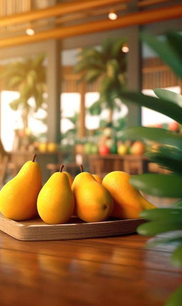 Fruta fresca de mango volando en el restaurante de fondo de estudio y fondo de jardín