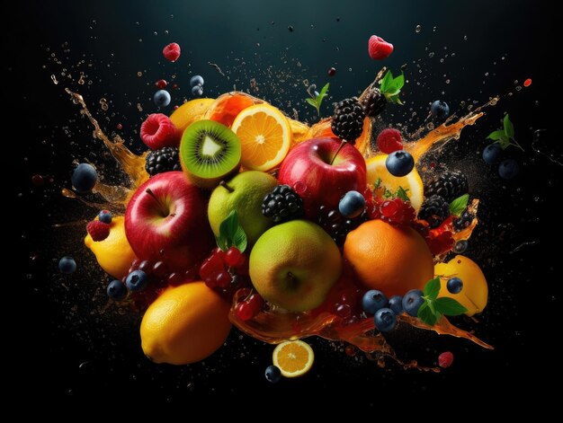 Fruta fresca Naranja Manzana Kiwi Uva con fondo negro IA generativa