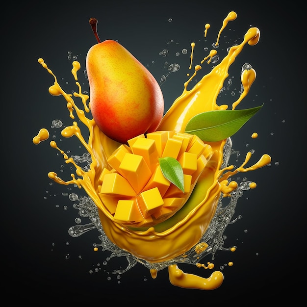 Una fruta y una fruta de mango están en un chorrito de líquido.