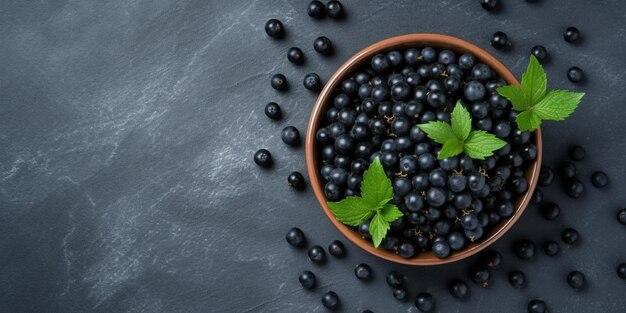 Fruta de grosella negra en un tazón y fondo de espacio de copia de mesa oscura IA generativa