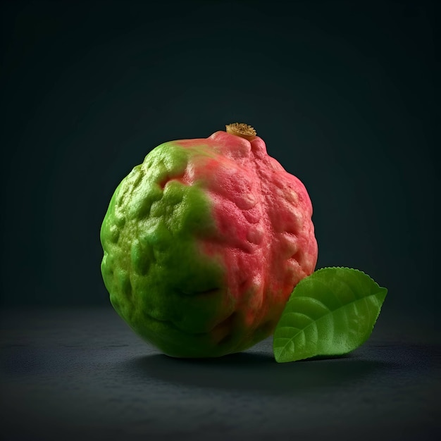 Fruta de guayaba con hoja en fondo oscuro Ilustración 3D