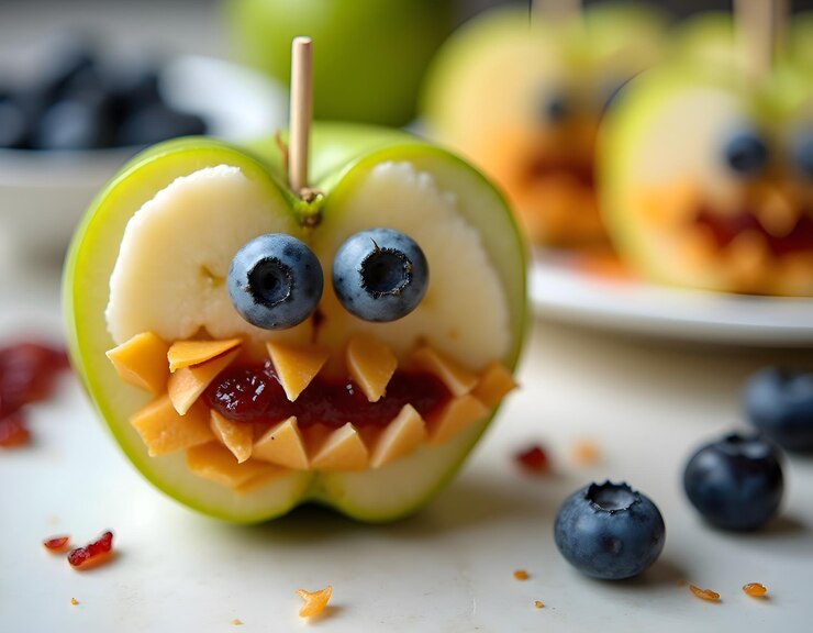 Fruta de Halloween cortada en una cara con una cara hecha de fruta