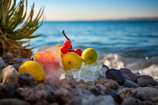 Una fruta y hielo en la playa.