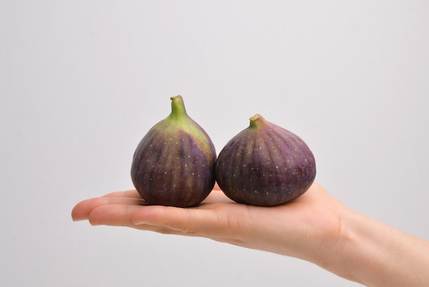 Fruta de higo en una mano de mujer Dos higos sobre un fondo gris Manos femeninas sostienen higo