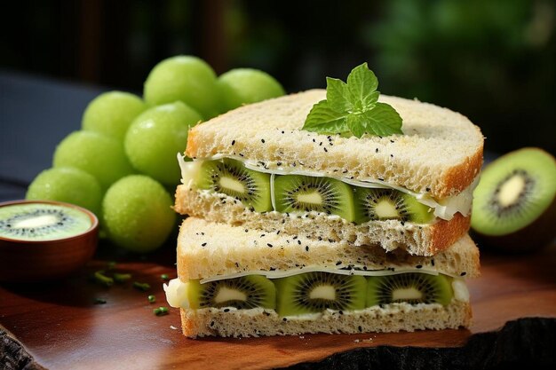 Fruta de kiwi cortada en rodajas y en capas en un sándwich o envuelta con pavo y queso