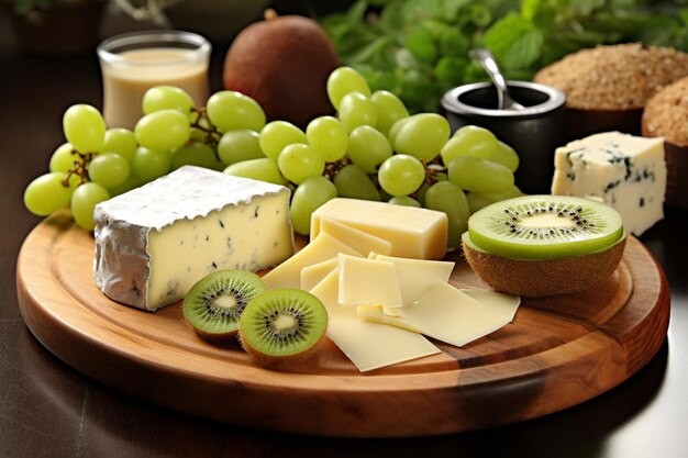 Fruta de kiwi cortada en rodajas y dispuesta en una tabla de cortar con quesos artesanales y pan