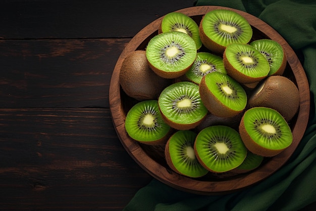 Fruta de kiwi cortada en rodajas en una superficie de madera rústica de colores vibrantes