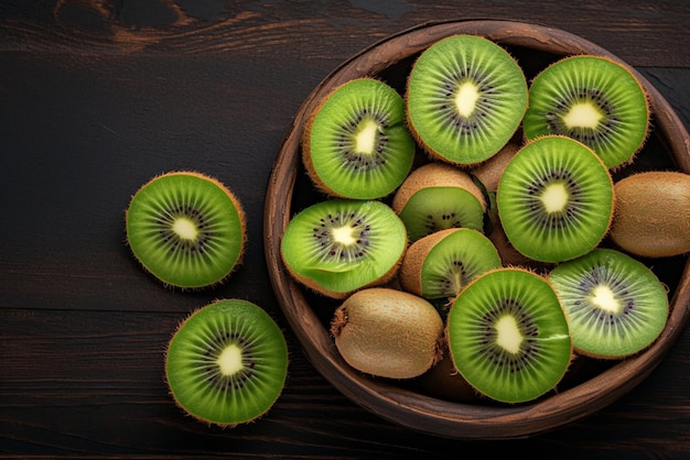 Fruta de kiwi cortada en rodajas en una superficie de madera rústica de colores vibrantes