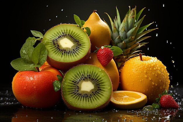 Fruta de kiwi emparejada con otras frutas tropicales como la piña y el mango