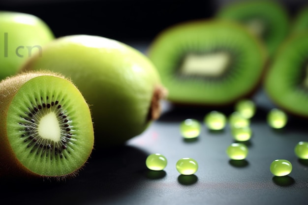 Fruta de kiwi con una etiqueta de vitamina C o una superposición de texto
