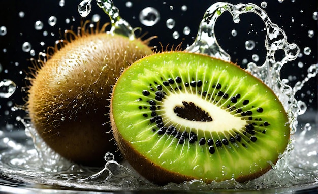 Fruta de kiwi fresca con salpicaduras de agua sobre un fondo negro