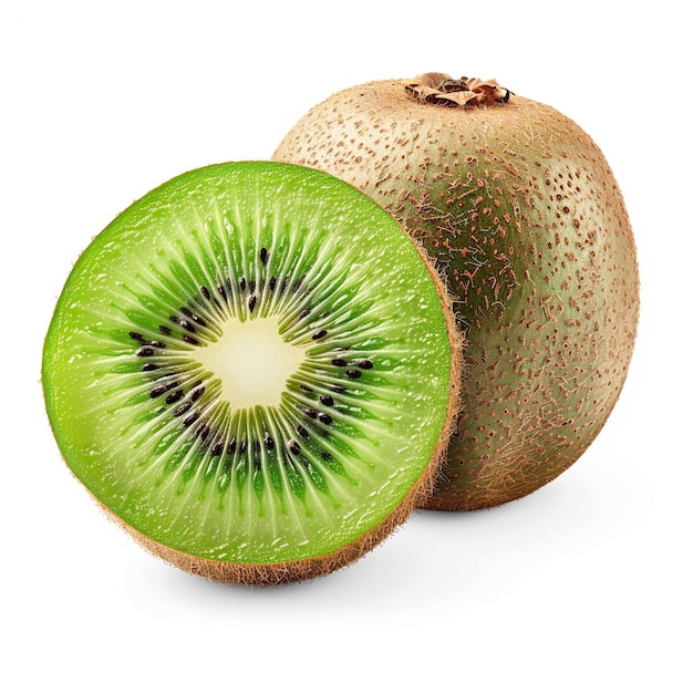 Fruta de kiwi fresca y saludable en rebanadas con fruta entera aislada sobre un fondo blanco