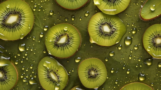 Fruta de kiwi en una hoja con gotas de agua