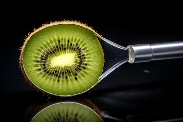 Foto fruta de kiwi con una lupa para conceptos de investigación y descubrimiento