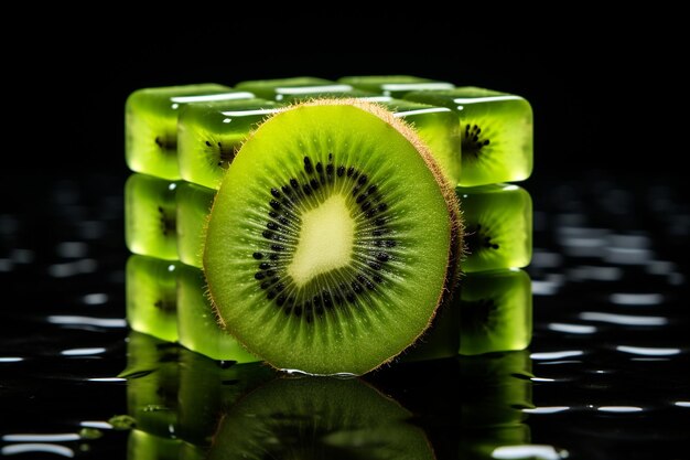 Fruta de kiwi con un rompecabezas o cubo de Rubik para ideas de resolución de problemas