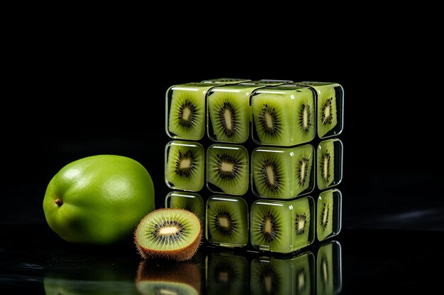 Fruta de kiwi con un rompecabezas o cubo de Rubik para ideas de resolución de problemas