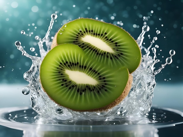 Fruta de kiwi con salpicaduras de agua en fondo azul de cerca