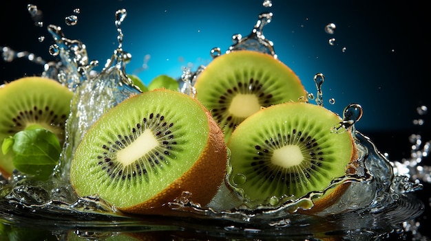 Fruta de kiwi con salpicaduras de agua sobre un fondo azul
