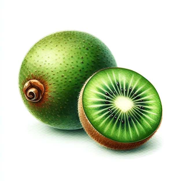 Fruta de kiwi verde dulce y jugosa con hojas pintura de acuarela para la decoración de tarjetas de alimentos