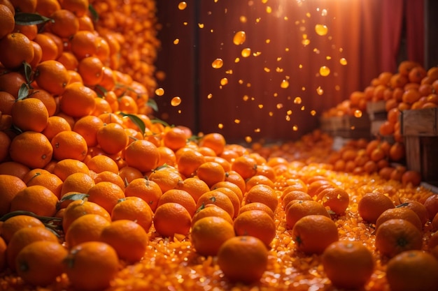 Fruta laranja com folhas em uma mesa de madeira Tangerinas maduras em uma banca de mercado fechada