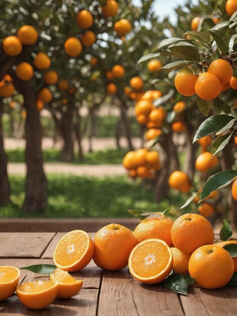 Fruta laranja com mesa de madeira de fundo de árvores